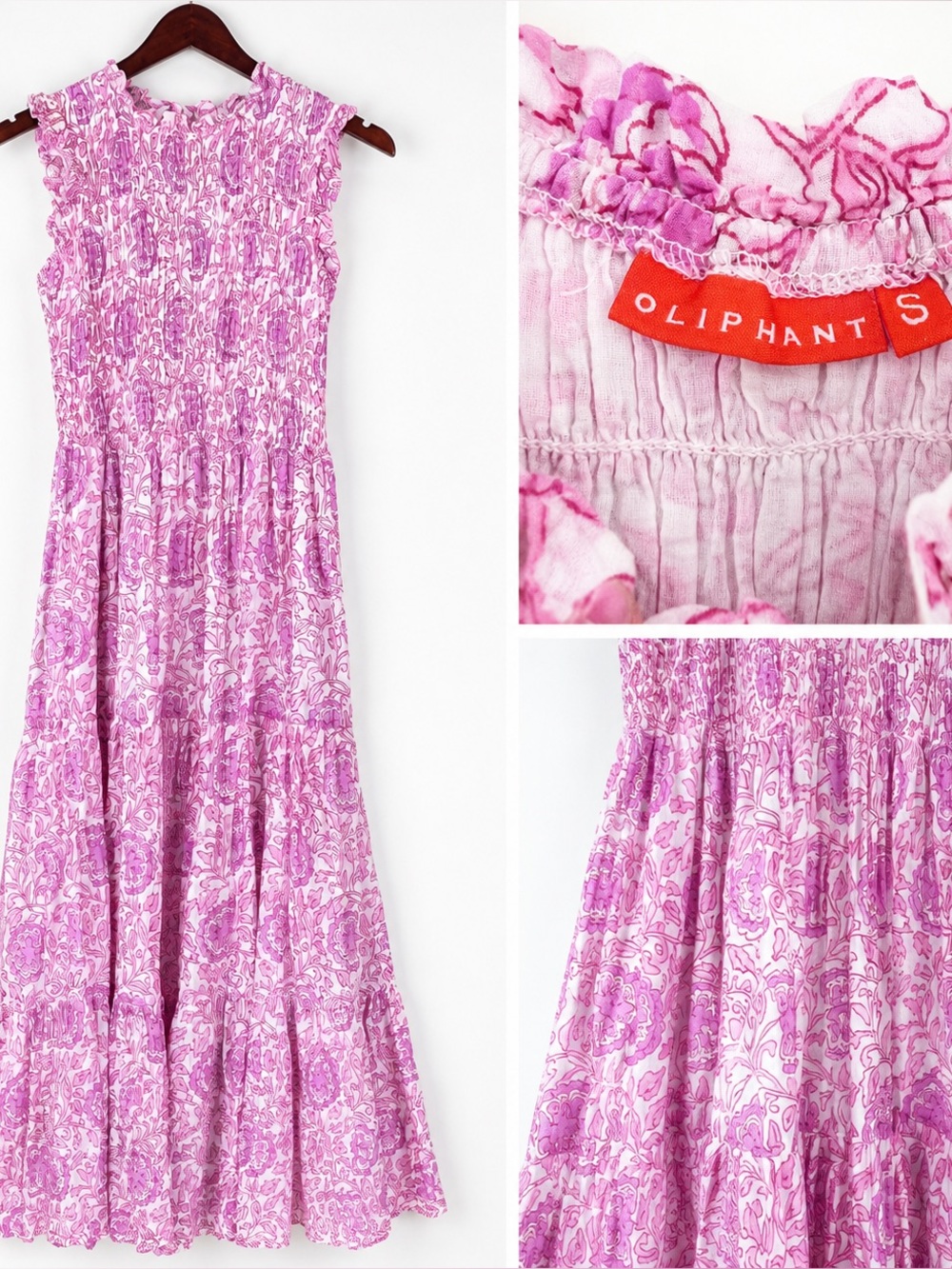 Oliphant Pink and White Smocked Tiered Maxi Dress